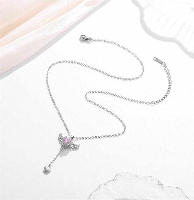 Silver Plated Chain With Heart Angel Wings Pendant