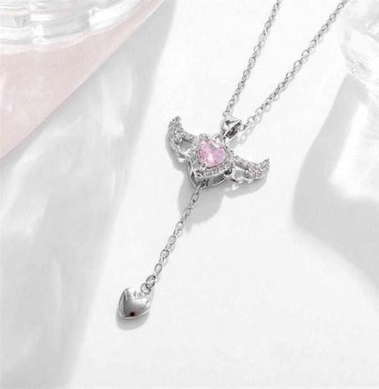 Silver Plated Chain With Heart Angel Wings Pendant