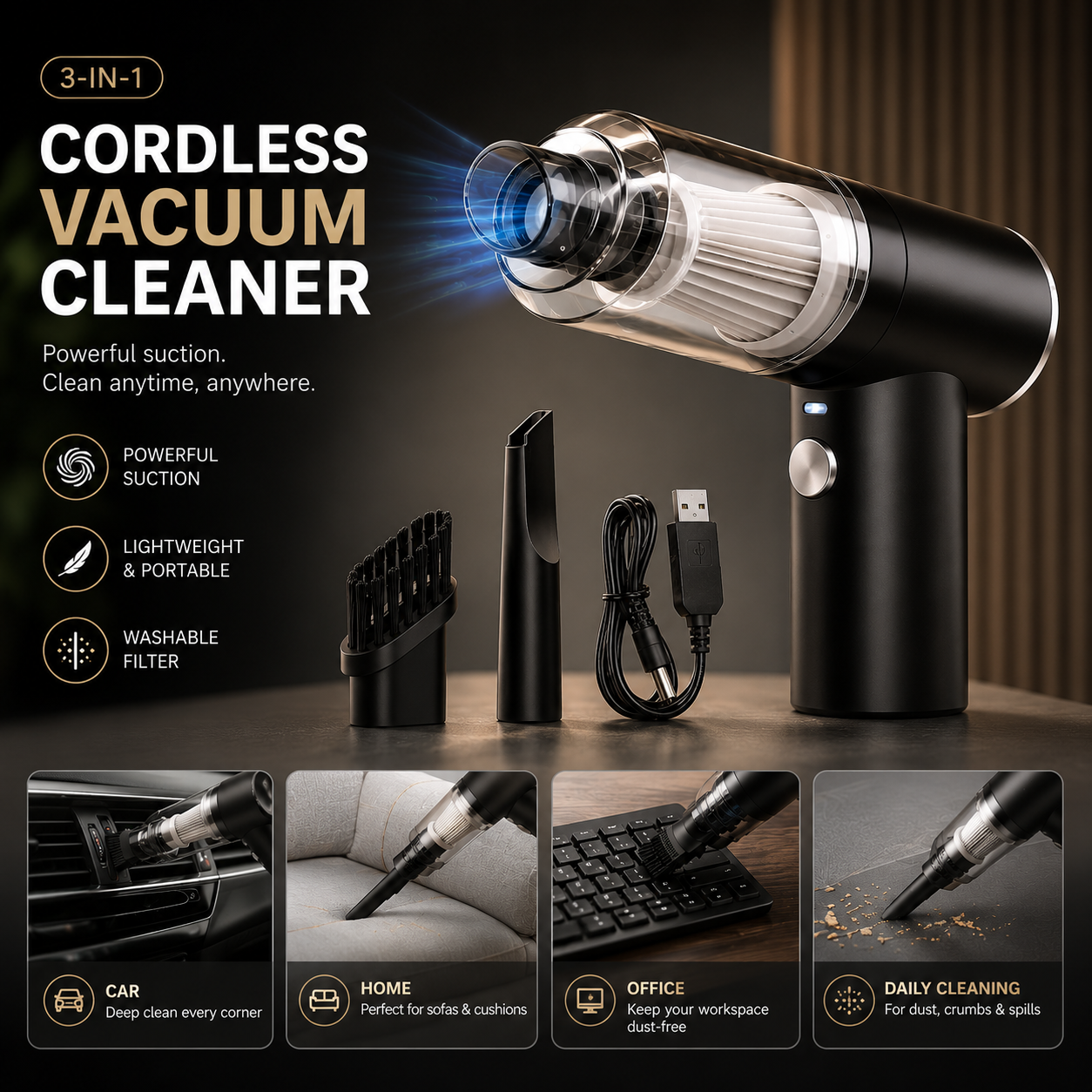 Wireless 2 in 1 Powerful Car Vacuum Cleaner